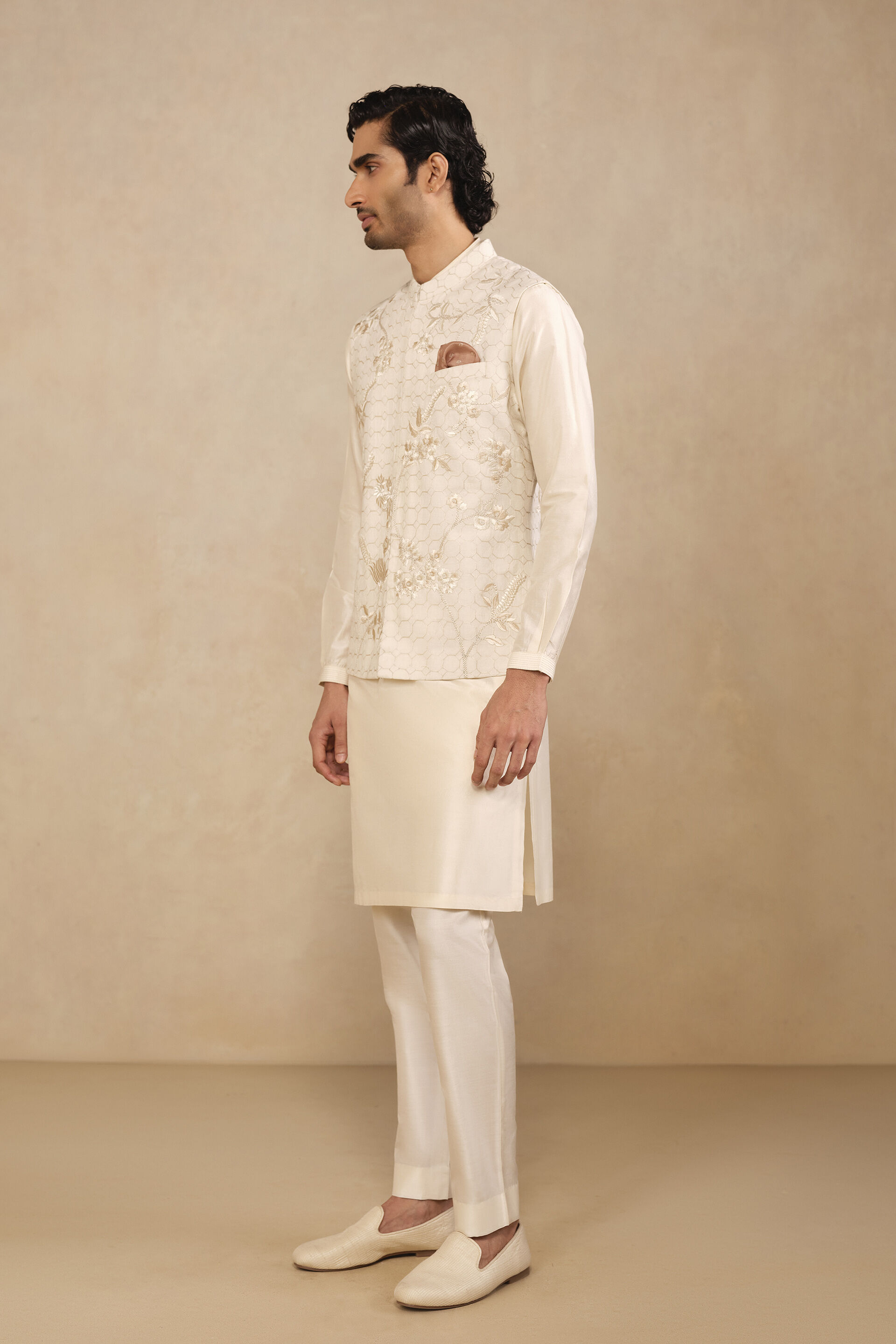 Kavish Embroidered Silk Nehru Jacket -  Off White, Off White, image 4